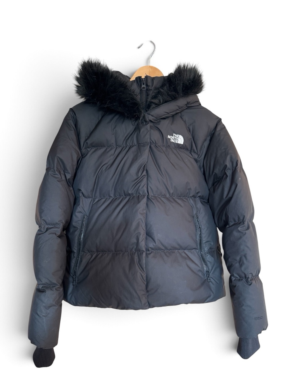 The North Face Dealio Down Crop Jacket Black Faux Fur Hood Gold Lining Medium
